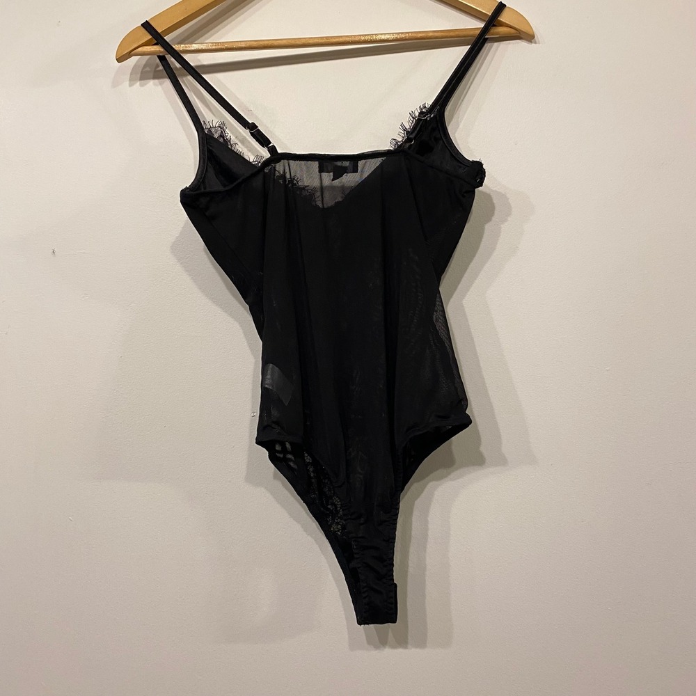 Lulus Black Lace Mesh Underwire Bodysuit Eyelash Trim Corset Glam Small